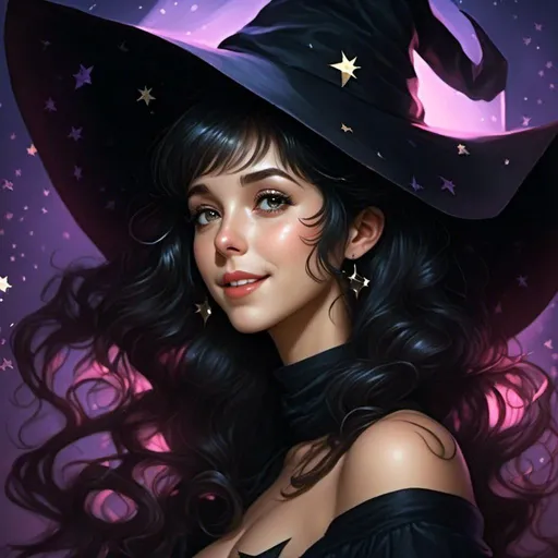 Prompt: <mymodel> 18 years old, a girl wearing a witches hat and a black cloak with stars on it's head and a black cloak over her head, Artgerm, fantasy art, anime art, a character portrait