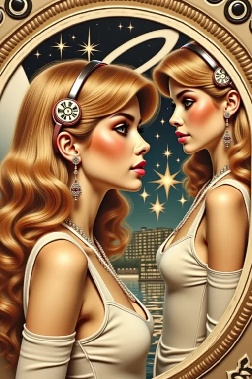 Prompt: a painting of two women looking in a mirror together, with a star in the background and a clock in the foreground, Art Frahm, retrofuturism, stanley artgerm lau, an art deco painting