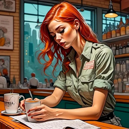 Prompt: <mymodel>A comic book illustration in the style of Peter Hsu of a female barista writing on a paper coffee cup.