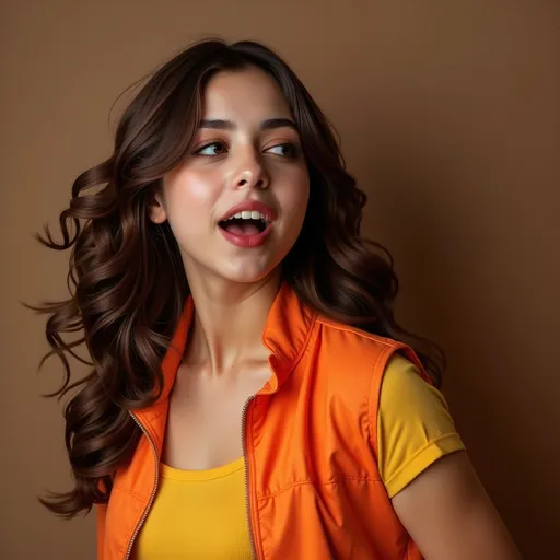 Prompt: long dark wavy hair, glamorous hair, 90s hairstyle, orange vest, yellow shirt, red lipstick, dynamic expression, dynamic pose, dynamic angle