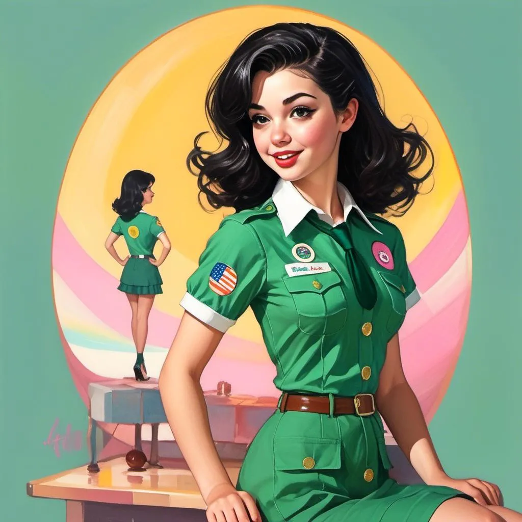 Prompt: <mymodel> Wearing a girl scout uniform.  Peter Max illustration