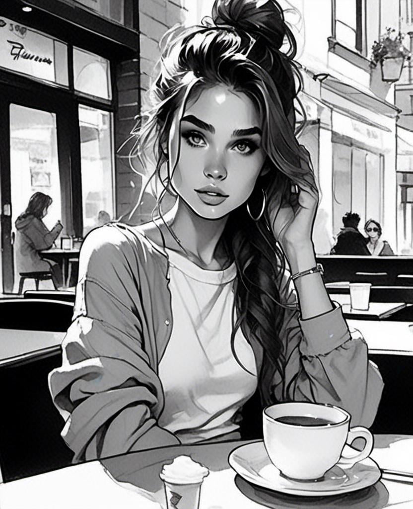 Prompt: <mymodel>black and white ink sketch of woman drinking tea at a cafe. Hair up in a messy bun, loose bun, wavy hair