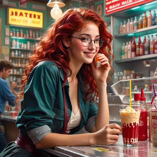 Prompt: <mymodel> Drinking a malt shake in a drug store soda counter. 50's editorial color illustration