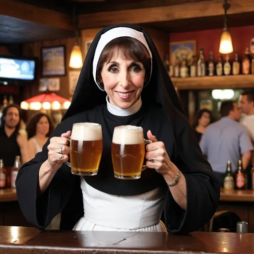 Prompt: 1woman, comedian Andrea Martin as a nun 
2woman gray skinned succubus in a torn dress, having a beer at the local bar.