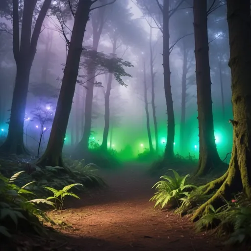 Prompt: A mystical forest offering a safe atmosphere. It s beautiful, lush, foggy and   further away  we can see people raving with silent disco lightening headphones. 