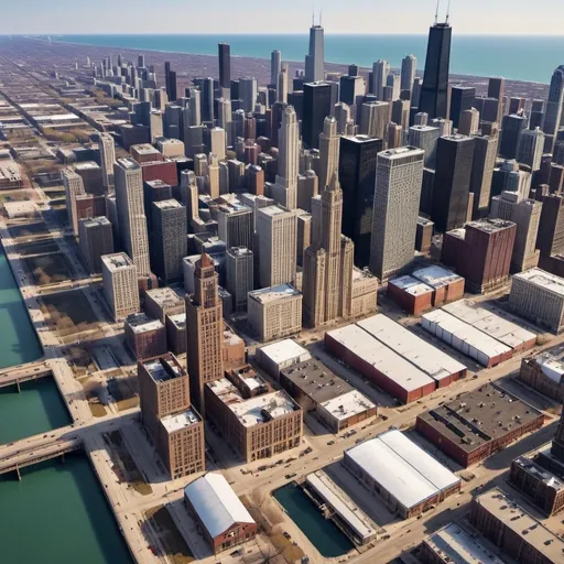 Prompt: Aerial view of Chicago with industrial buildings, a line graph showing growth trends, and people discussing market insights