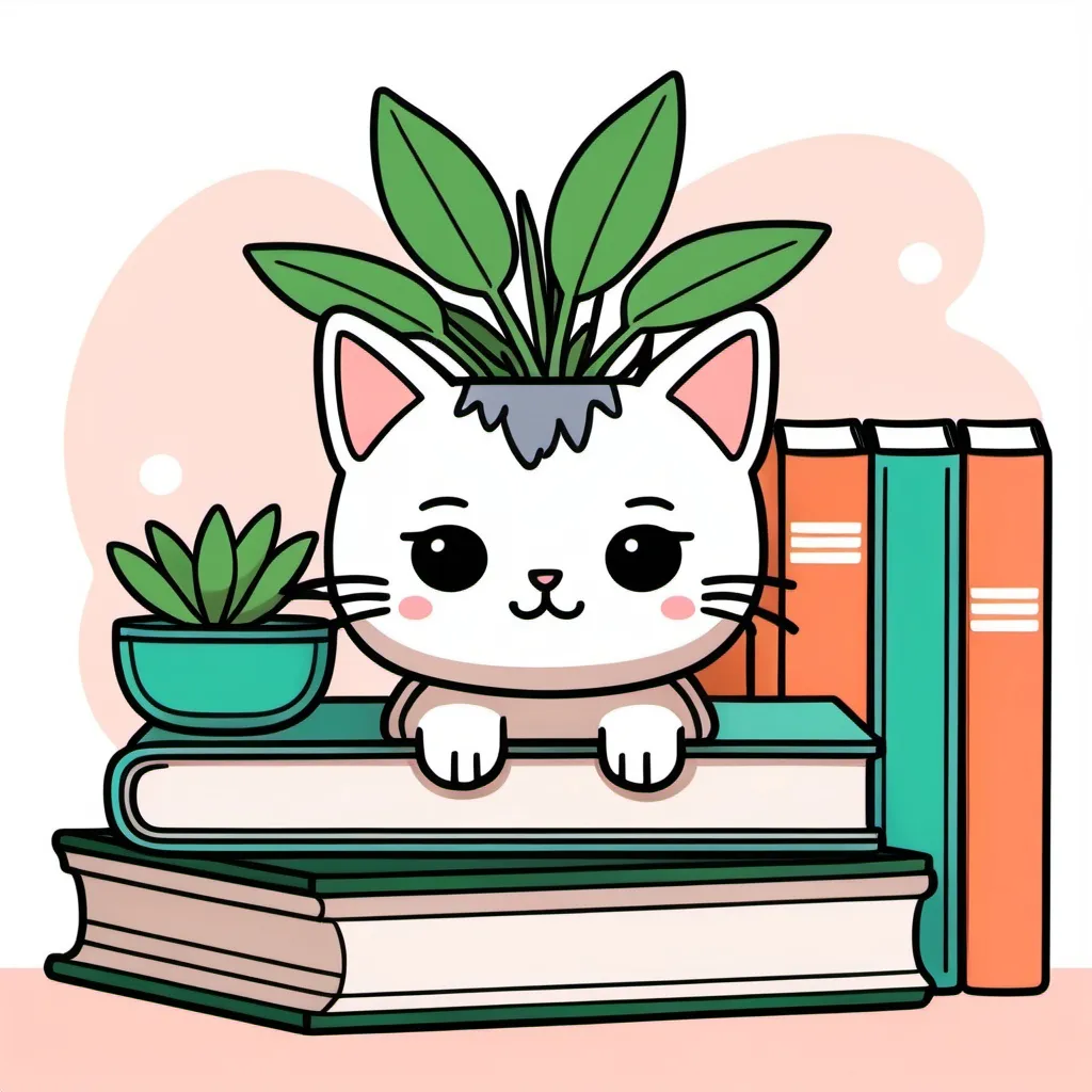 Prompt: cute kawaii doodle of a vase with a kitten face and a plant inside on top of piled books