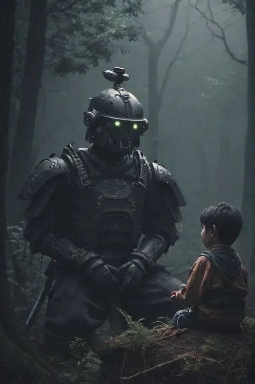 Prompt: A very dark foggy forest background with a one Mexican boy samurai sitting in the background talking to a little robot 