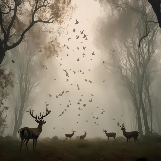 Prompt: <mymodel> dark foggy forest with deer and birds flying above 