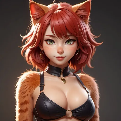 Prompt: red cat girl, anthropomorphic cat, toned body full of fur, showing midriff, highly detailed face, highly detailed eyes, full body, whole body visible, full character visible, soft lighting, high definition, ultra realistic, 2D, 8K, digital art