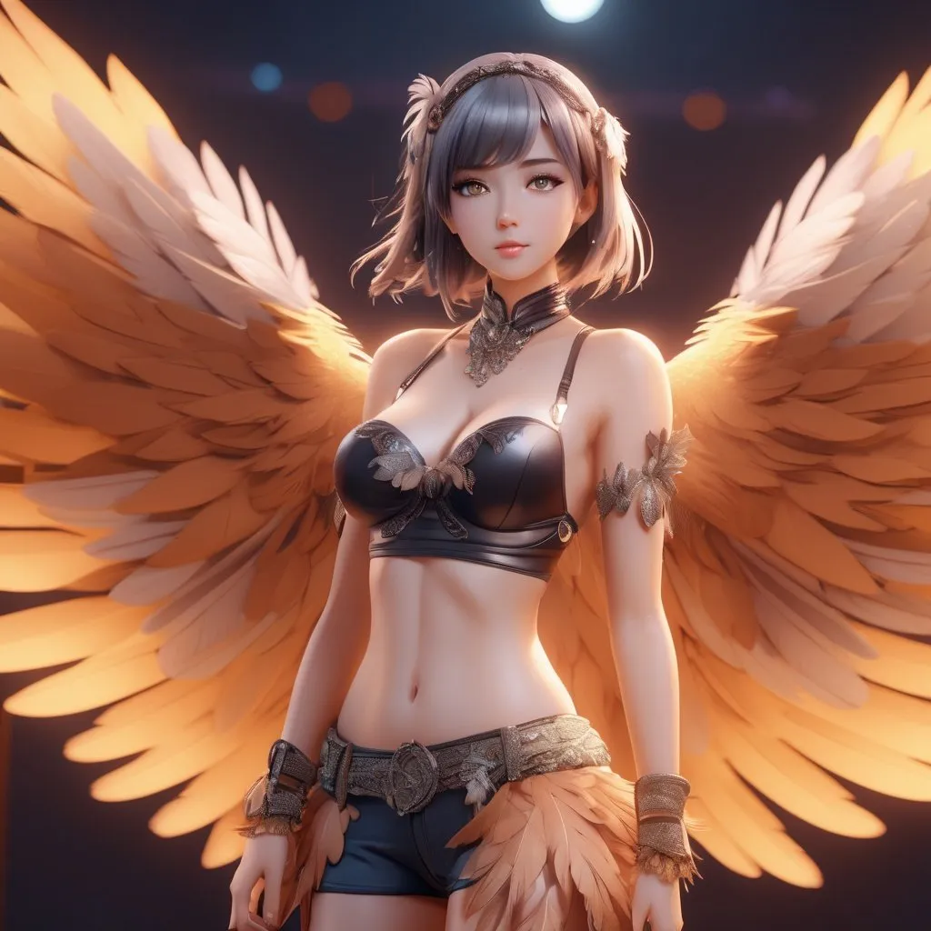 Prompt: bird anime girl, anthropomorphic bird, toned body, full of feathers, showing midriff, highly detailed face, highly detailed eyes, full body, whole body visible, full character visible, soft lighting, high definition, ultra realistic, 2D, 8K, digital art