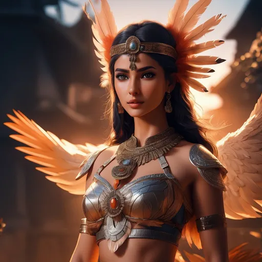 Prompt: Aarakocra girl, toned body, full of feathers, showing midriff, highly detailed face, highly detailed eyes, full body, whole body visible, full character visible, soft lighting, high definition, ultra realistic, 2D, 8K, digital art