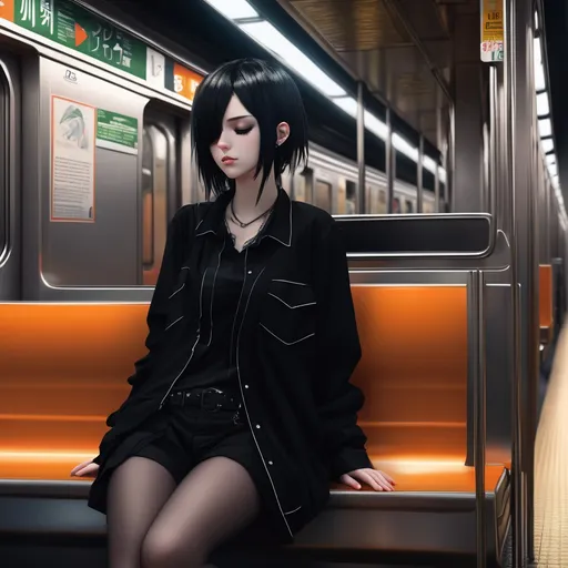 Prompt: tomboy goth anime girl sleeping in a subway train, eyes closed, wears extremely lowcut black shirt, highly detailed face, highly detailed eyes, full body, whole body visible, full character visible, soft lighting, high definition, ultra realistic, 2D, 8K, digital art