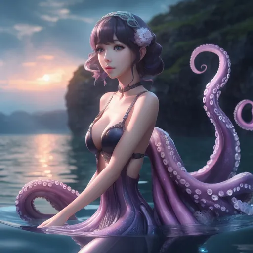 Prompt: anime girl, anthropomorphic octopus, tentacles, toned body, showing midriff, on water, highly detailed face, highly detailed eyes, full body, whole body visible, full character visible, soft lighting, high definition, ultra realistic, 2D, 8K, digital art