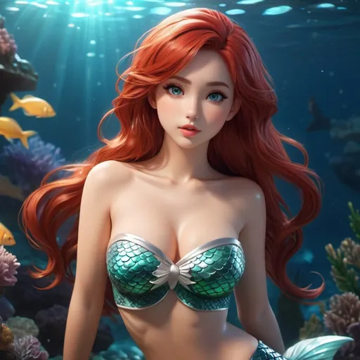 Prompt: red haired white mermaid anime girl, toned body, showing midriff, highly detailed face, highly detailed eyes, full body, whole body visible, full character visible, soft lighting, high definition, ultra realistic, 2D, 8K, digital art