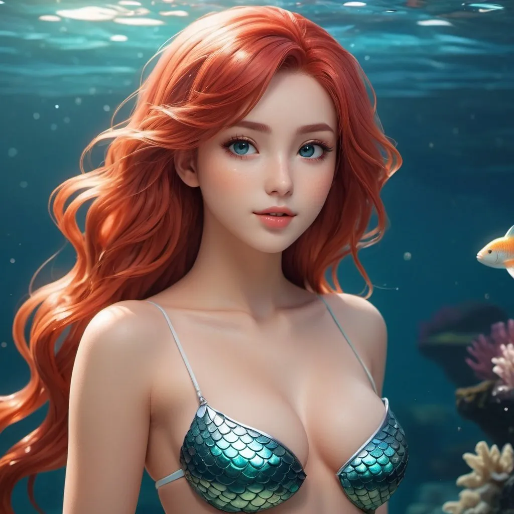 Prompt: red haired white mermaid anime girl, toned body, showing midriff, highly detailed face, highly detailed eyes, full body, whole body visible, full character visible, soft lighting, high definition, ultra realistic, 2D, 8K, digital art
