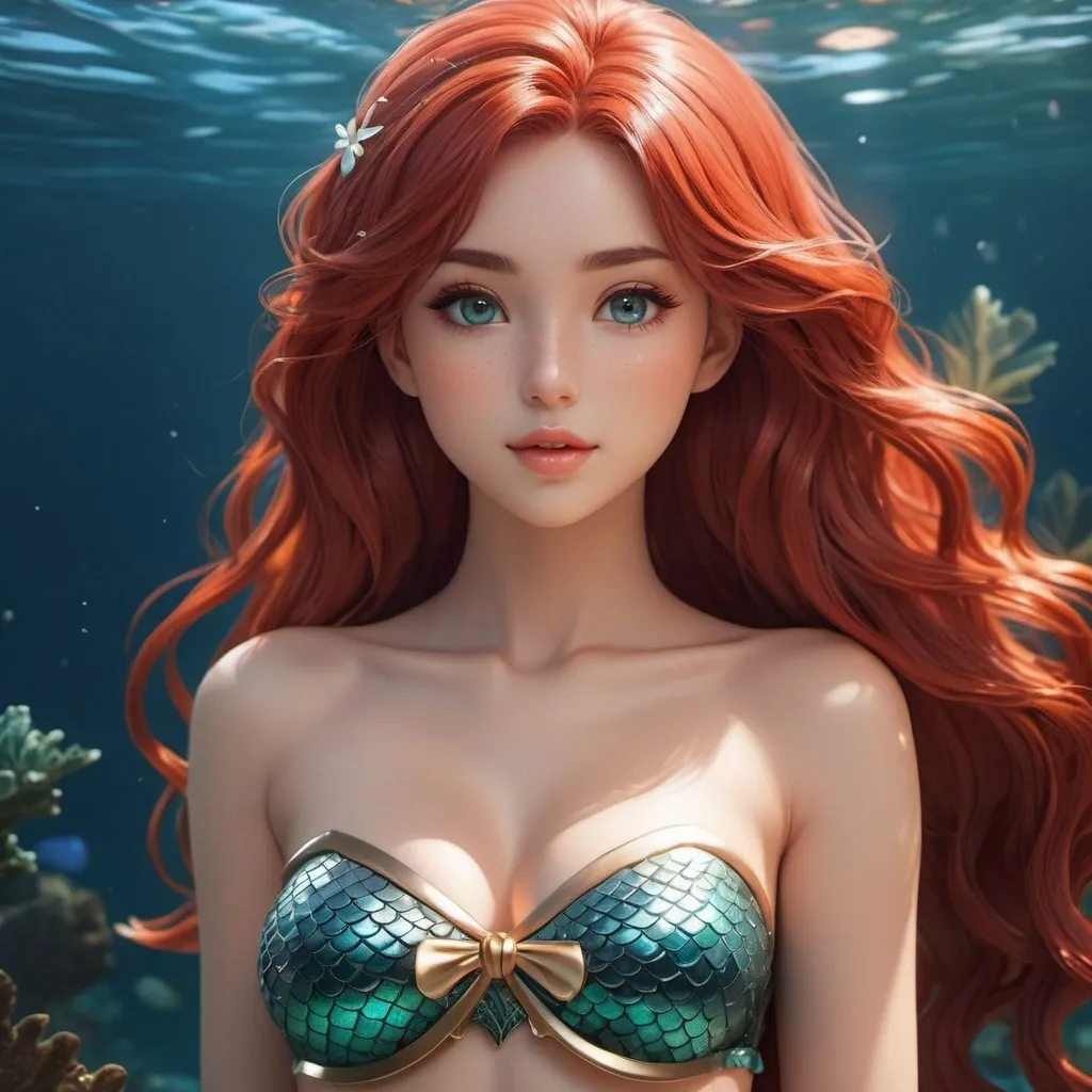 Prompt: red haired white mermaid anime girl, toned body, showing midriff, highly detailed face, highly detailed eyes, full body, whole body visible, full character visible, soft lighting, high definition, ultra realistic, 2D, 8K, digital art