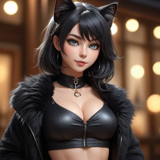 Prompt: black cat girl, anthropomorphic cat, toned body full of fur, showing midriff, highly detailed face, highly detailed eyes, full body, whole body visible, full character visible, soft lighting, high definition, ultra realistic, 2D, 8K, digital art