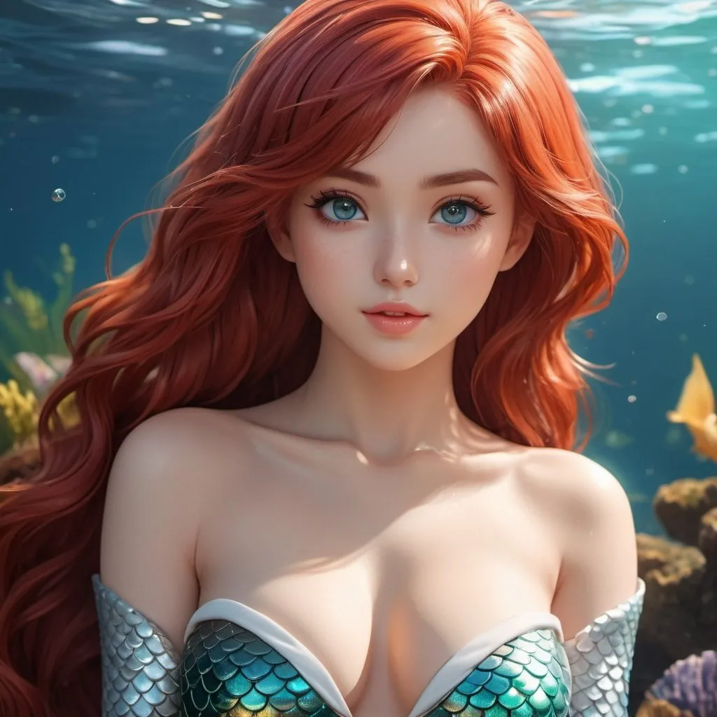 Prompt: red haired white mermaid anime girl, toned body, showing midriff, highly detailed face, highly detailed eyes, full body, whole body visible, full character visible, soft lighting, high definition, ultra realistic, 2D, 8K, digital art