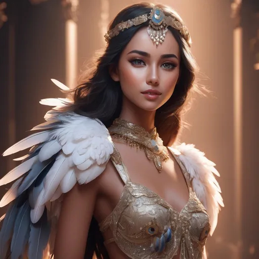 Prompt: avian girl, anthropomorphic bird, toned body full of feathers, showing midriff, highly detailed face, highly detailed eyes, full body, whole body visible, full character visible, soft lighting, high definition, ultra realistic, 2D, 8K, digital art