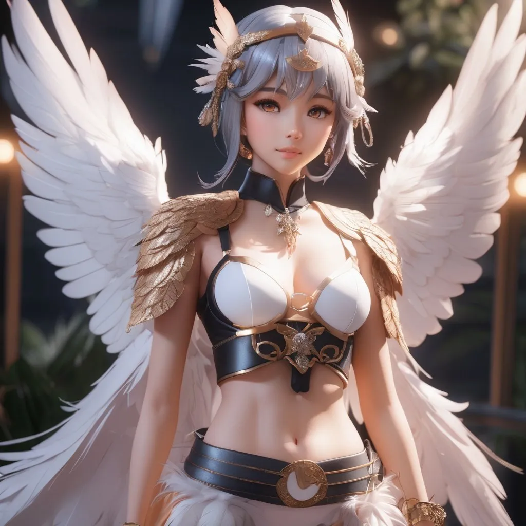 Prompt: bird anime girl, anthropomorphic bird, toned feathery body, showing midriff, highly detailed face, highly detailed eyes, full body, whole body visible, full character visible, soft lighting, high definition, ultra realistic, 2D, 8K, digital art