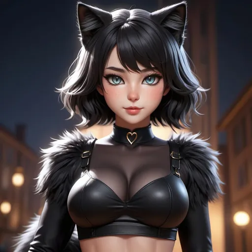 Prompt: black cat girl, anthropomorphic cat, toned body full of fur, showing midriff, highly detailed face, highly detailed eyes, full body, whole body visible, full character visible, soft lighting, high definition, ultra realistic, 2D, 8K, digital art