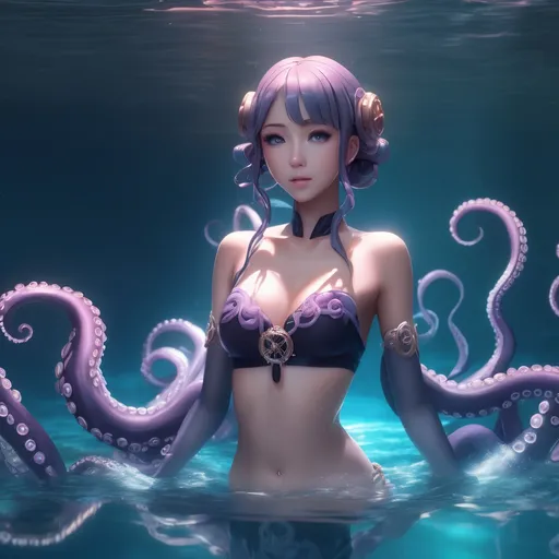 Prompt: anime girl, anthropomorphic octopus, tentacles, toned body, showing midriff, on water, highly detailed face, highly detailed eyes, full body, whole body visible, full character visible, soft lighting, high definition, ultra realistic, 2D, 8K, digital art