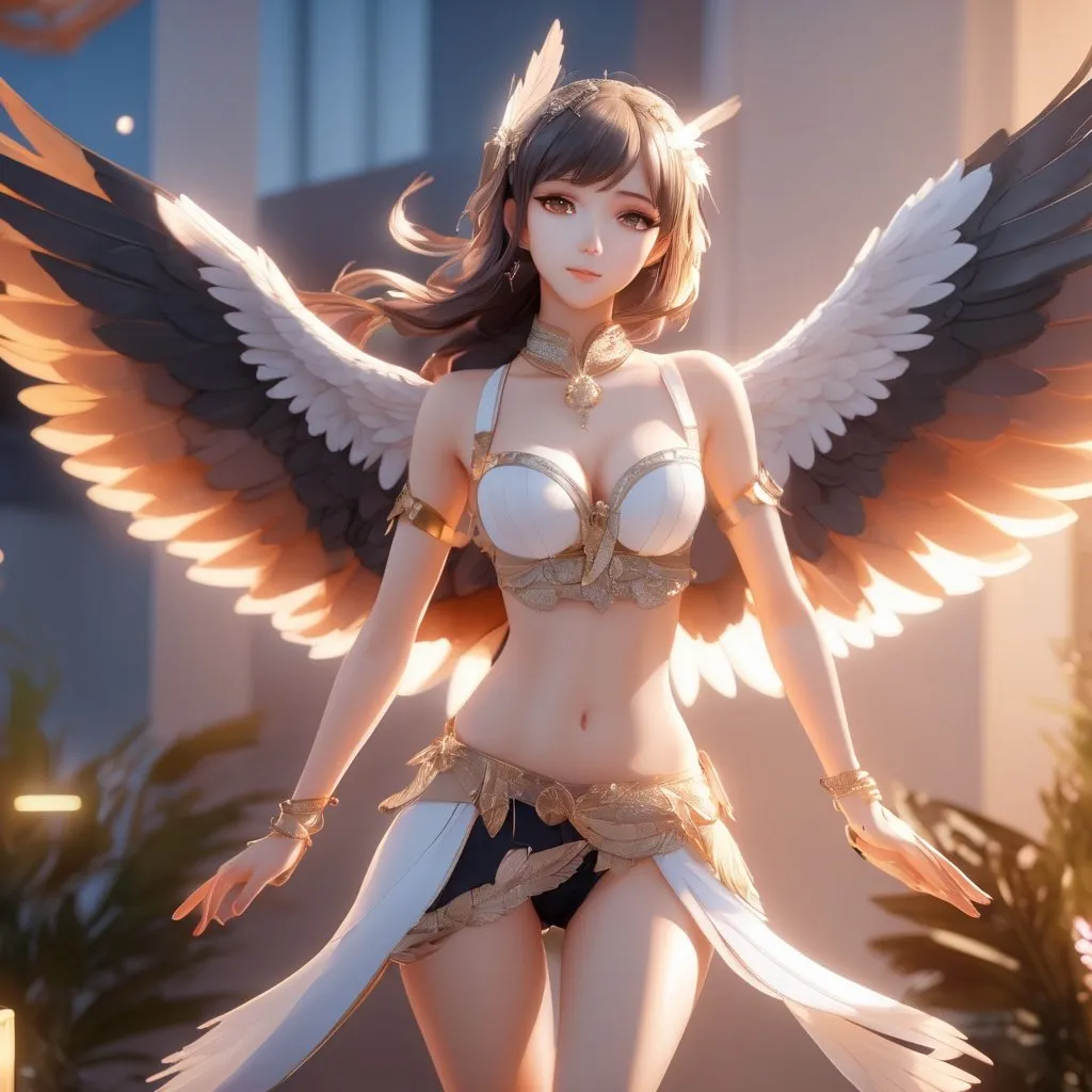 Prompt: bird anime girl, anthropomorphic bird, wings hands, toned body, showing midriff, highly detailed face, highly detailed eyes, full body, whole body visible, full character visible, soft lighting, high definition, ultra realistic, 2D, 8K, digital art