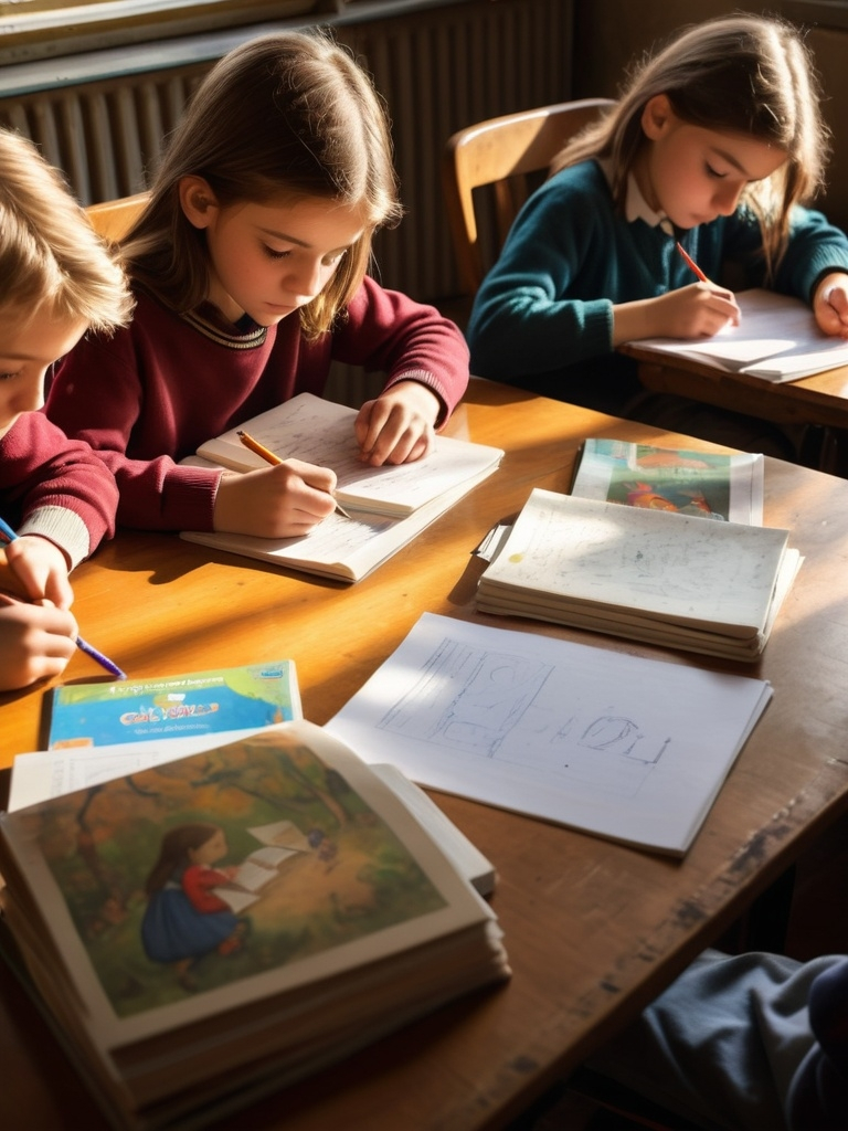 Prompt: a group of children sitting at a table with books and papers on it, writing on paper, and doing homework, artist, paris school, hard focus, a child's drawing