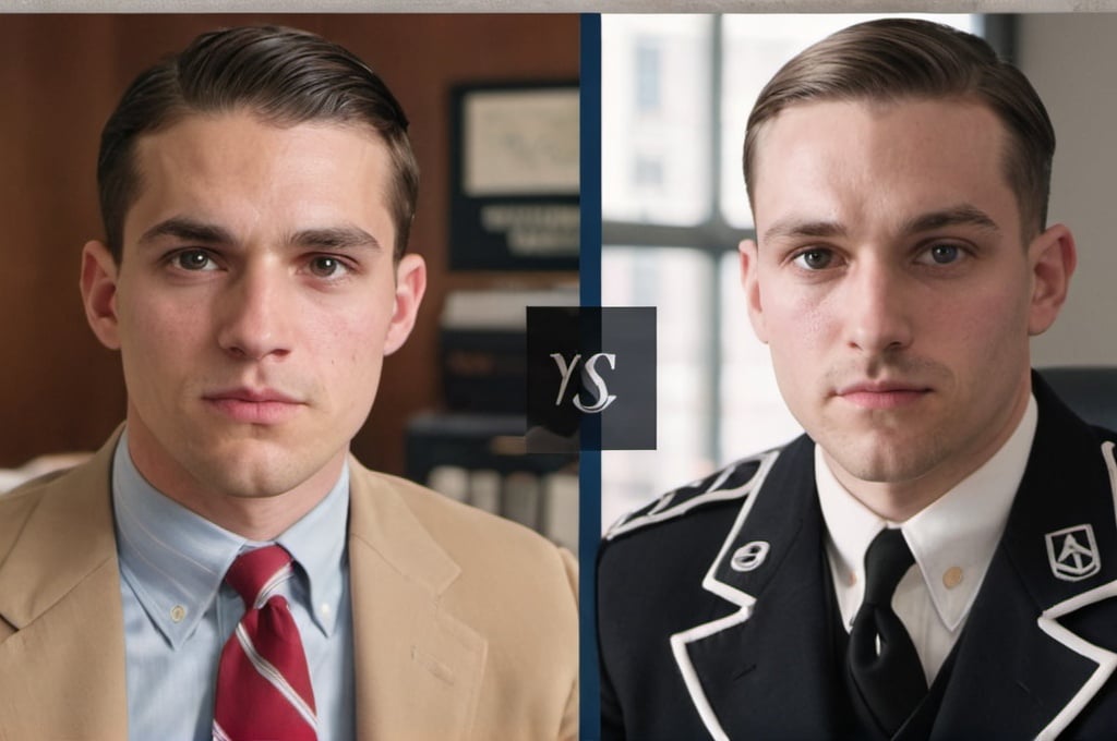 Prompt: split screen, on the left is a normal white guy sitting in an office in a brooks brothers business suit, on the right the same guy is dressed in a nazi uniform