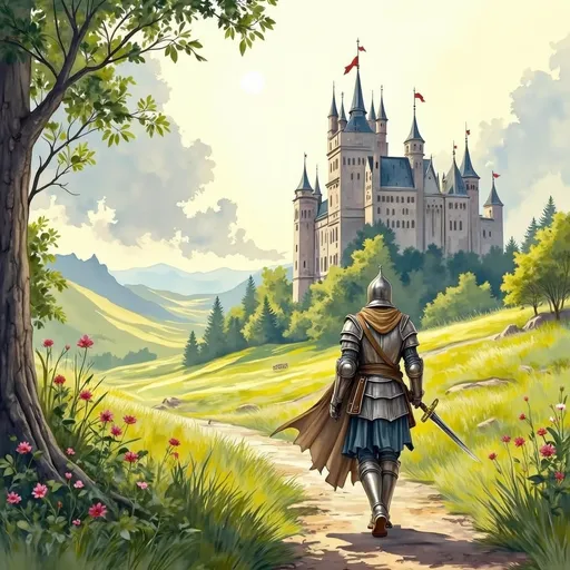 Prompt: Elf ranger in a mystical forest around sunlight**"A realistic animated-style medieval knight walking on a dirt path toward a detailed stone castle in a vast green field, inspired by 'The Dragon Prince' and 'Arcane'. The knight wears scratched metallic armor with a flowing cloak, carrying a sword and shield. The castle has tall towers with flags, and the environment includes wildflowers, dynamic clouds, and dramatic lighting. Soft painterly textures, rich colors, and a cinematic atmosphere."**  