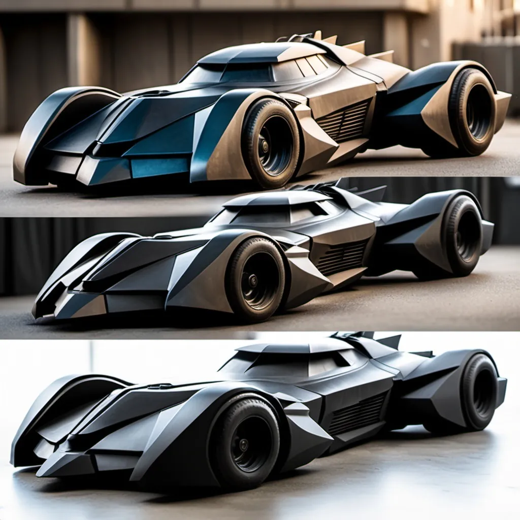 Prompt: create batmobile with a mixture of 2008 version of batmobile(known as tumbler), DCEU version of batmobile and 1989 version of batmobile