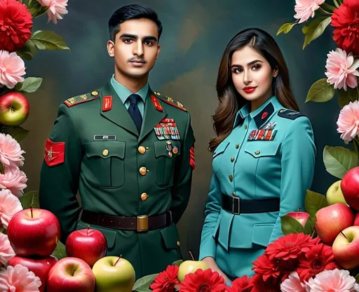 Prompt: Man and woman in military uniforms posing, vibrant flowers, red apple, Fathi Hassan, art photography, adobe photoshop, high quality, realistic, military uniforms, vibrant colors, detailed facial features, romantic atmosphere, professional lighting