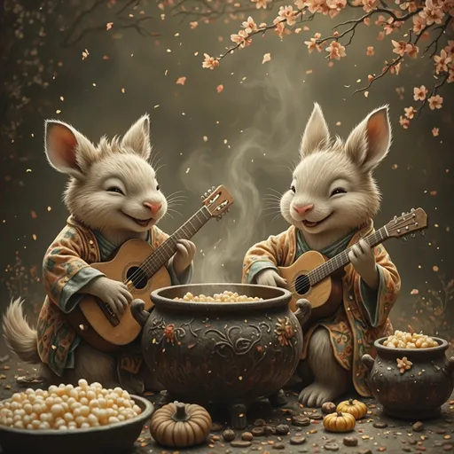 Prompt: 2 animal play instrument together,  one play piano , one play guitar , they sit in the chinese hot pot and laugh hard