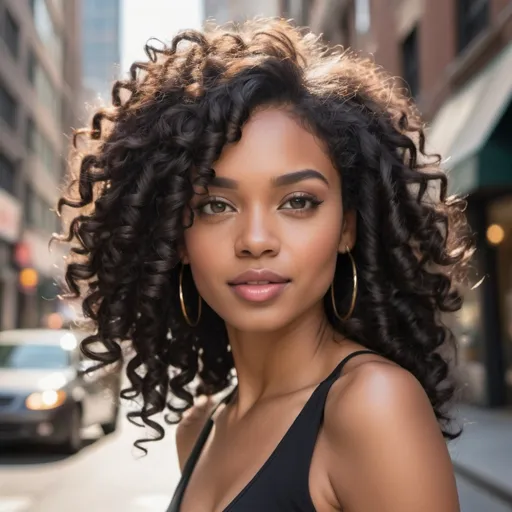 Prompt: "Describe a vibrant scene where a confident individual with luscious, tightly coiled black curls stands amidst a bustling city street, their hair catching glimmers of sunlight, framing their face with a halo of natural beauty."
