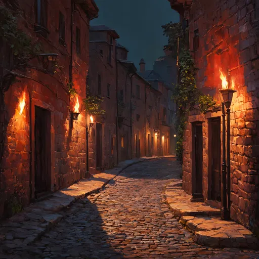 Prompt: Realistic oil painting of a besieged middle-aged city street at night, narrow street, detailed architecture, torch-lit, 1200s, creepy atmosphere, highly detailed, oil painting, historic, medieval, night scene, torch-lit, narrow streets, intricate architecture, atmospheric lighting, red tones