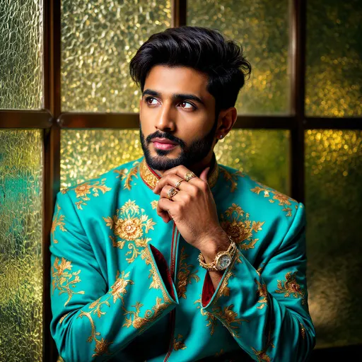 Prompt: Dressed in a vibrant turquoise outfit adorned with intricate golden floral patterns, a man poses thoughtfully, his hand resting on his chin as he gazes into the distance. The outfit features a high neckline and red accents, adding a regal touch to his appearance. His expression conveys a blend of contemplation and poise against a backdrop of textured patterned glass, which softly diffuses the light and adds depth to the scene. The lighting is bright yet flattering, enhancing the vividness of the attire while highlighting subtle details such as his stylish rings and the warm tones of his skin. This intimate portrait exudes a sense of elegance and introspection, inviting viewers to ponder the thoughts behind his gaze.