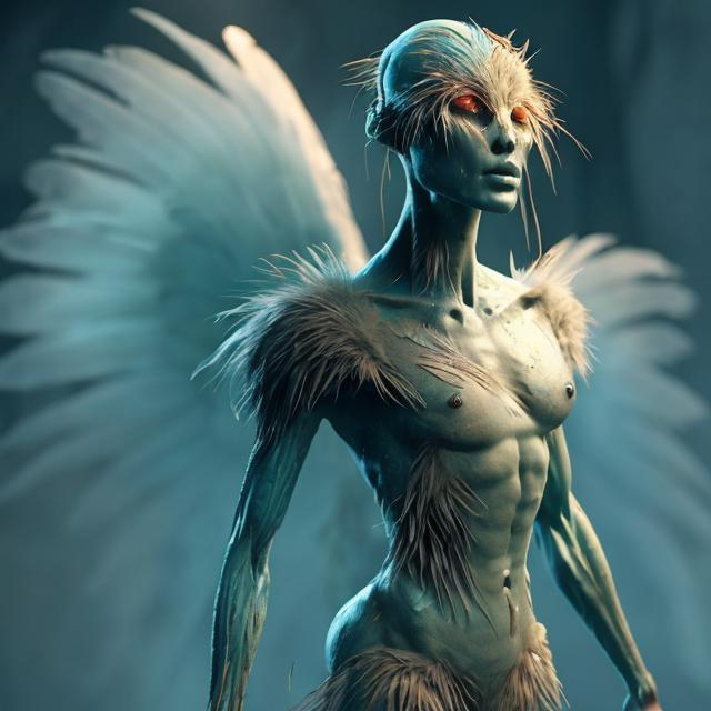 Prompt: A creature like human body with tale. Perfect body. Having dina sources wing. Wearing bird feathers 