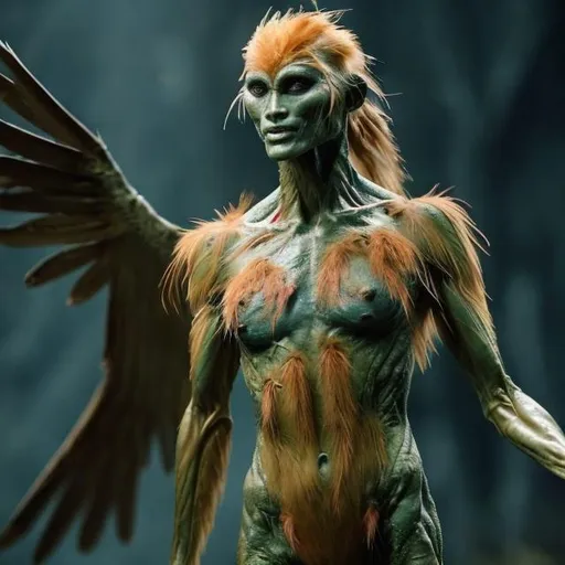 Prompt: A creature like human body with tale. Perfect body. Having dina sources wing. Wearing bird feathers 