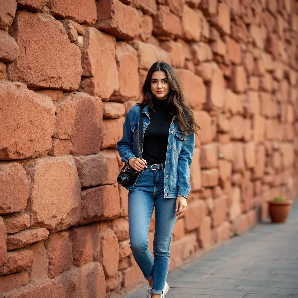 Prompt: A young woman confidently poses against a backdrop of textured, reddish stone walls, suggesting a historic site. She is dressed in a stylish denim jacket paired with matching jeans, complemented by a black turtleneck and white sneakers, creating a chic yet casual look. Her long hair is neatly styled, and her expression is poised as she holds a small camera slung across her shoulder, indicating a moment of exploration or adventure. The scene is well-lit, likely capturing the golden glow of late afternoon sun, while a small terracotta pot sits on the pavement by her feet, adding a hint of warmth to the overall composition. The framing emphasizes her presence against the striking background, conveying a sense of both individuality and connection to the historical environment.