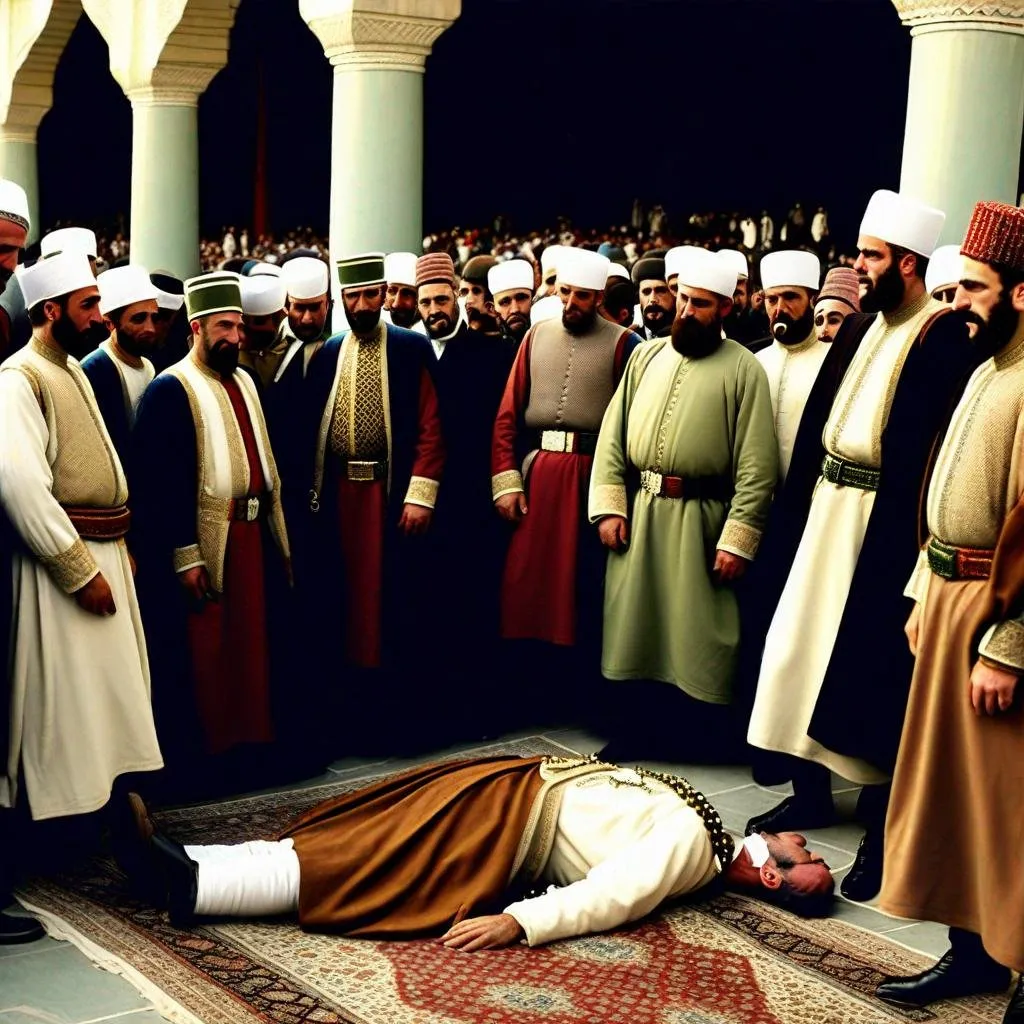 Prompt: Epic,cinematic,After performing Friday prayers, Sultan Mahmud I of the Ottoman Empire was greeting the people when he suddenly collapsed and fell to the ground.