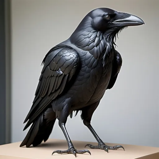 Prompt: "A hybrid crow with the upper half of its body resembling a human. The crow’s lower half is massive, with strong wings, covered in dark feathers, and talons at the end of its human-like legs. Its human torso is muscular, with broad shoulders, and its face blends both crow and human features—sharp, intelligent eyes with a strong beak. The hybrid creature stands tall, casting a shadow as it watches over the village, its body imposing and unique, combining the mystery of both the human and the crow."

