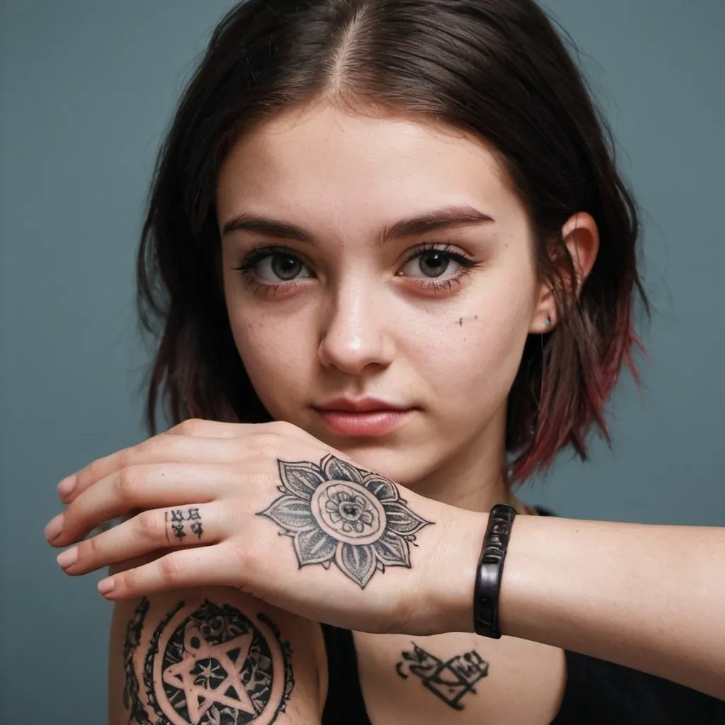 Prompt: Girl with 7898 7010 tattoo on her hand