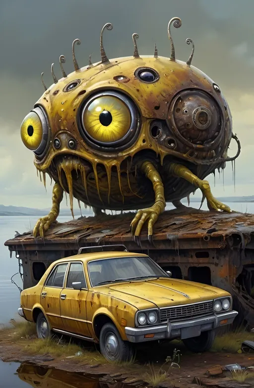 Prompt: a painting of a strange looking creature on top of a rusted abandoned car. near a body of water, by Tomek Setowski, fantasy art, huge-eyed, , amazing wallpaper, yellow bulging slimy eyes, mothership, cute detailed artwork, three eyed, highly detailed barlowe 8 k, with multiple eyes