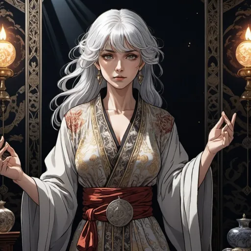 Prompt: tarot card Anime illustration, a silver-haired woman, detailed ornate cloth robe, dramatic lighting