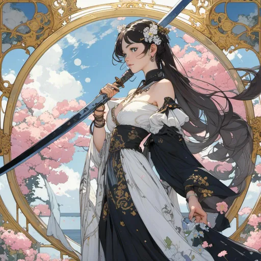 Prompt: <mymodel> a woman with a sword and flowers in her hand and a mirror behind her, with a sky background, Fan Qi, art nouveau, official art, a detailed painting