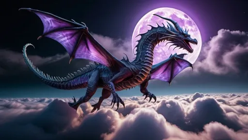 Prompt: 35 mm image of a giant sea dragon, flying above the clouds , fully rendered,high quality, detailed scales and textures, dramatic lighting, epic fantasy, dynamic composition, intense colors, full moon, at night, purple neon glow behind moon, 