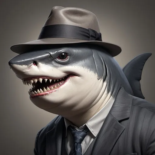 Prompt: An anthropomorphic Shark, wearing a fedora, chiaroscuro shading, photorealistic, highly detailed scales