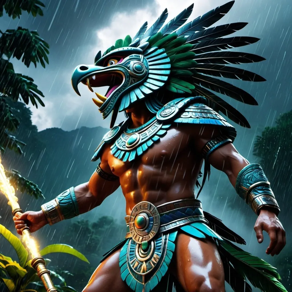 Prompt: Tezcatlipoca and Quetzalcoatl in heroic proportions, standing powerfully, sorrowfully, illuminated at night, forest background, high detail, high texture, photorealism, rain, atmospheric lighting, epic battle, Aztec mythology, detailed features, mythical creatures, intense emotions, divine conflict, intense shadows, powerful stance, spiritual essence, best quality, highres, ultra-detailed, photorealism, Aztec mythology, rain, atmospheric lighting