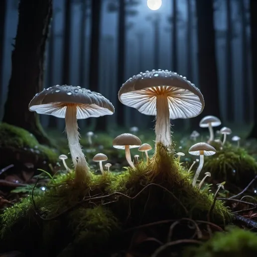 Prompt: A forest full of Mycena Lux, at night, full moon, shadows, moon giving off moon rays, high definition, hd photography, dew droplets, a neon glow 